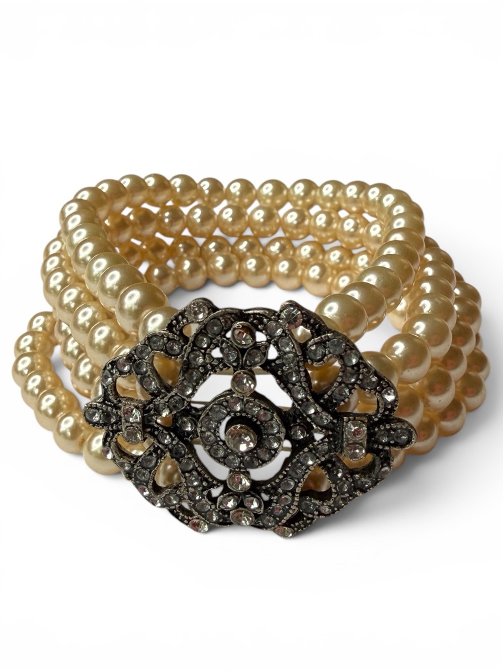 Vintage Faux Pearl Stretch Bracelet w/ Ornate Rhinestone Centerpiece - Picture 4 of 11